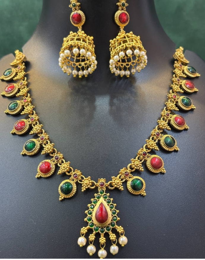 Red&Green Stone necklace with Earring